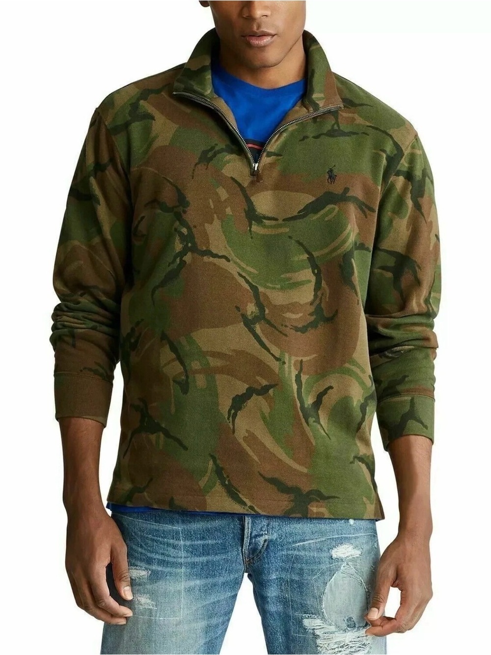 POLO RALPH LAUREN Men's Green Multi Elmwood Camo Estate Rib 1/4 Zip Sweater L